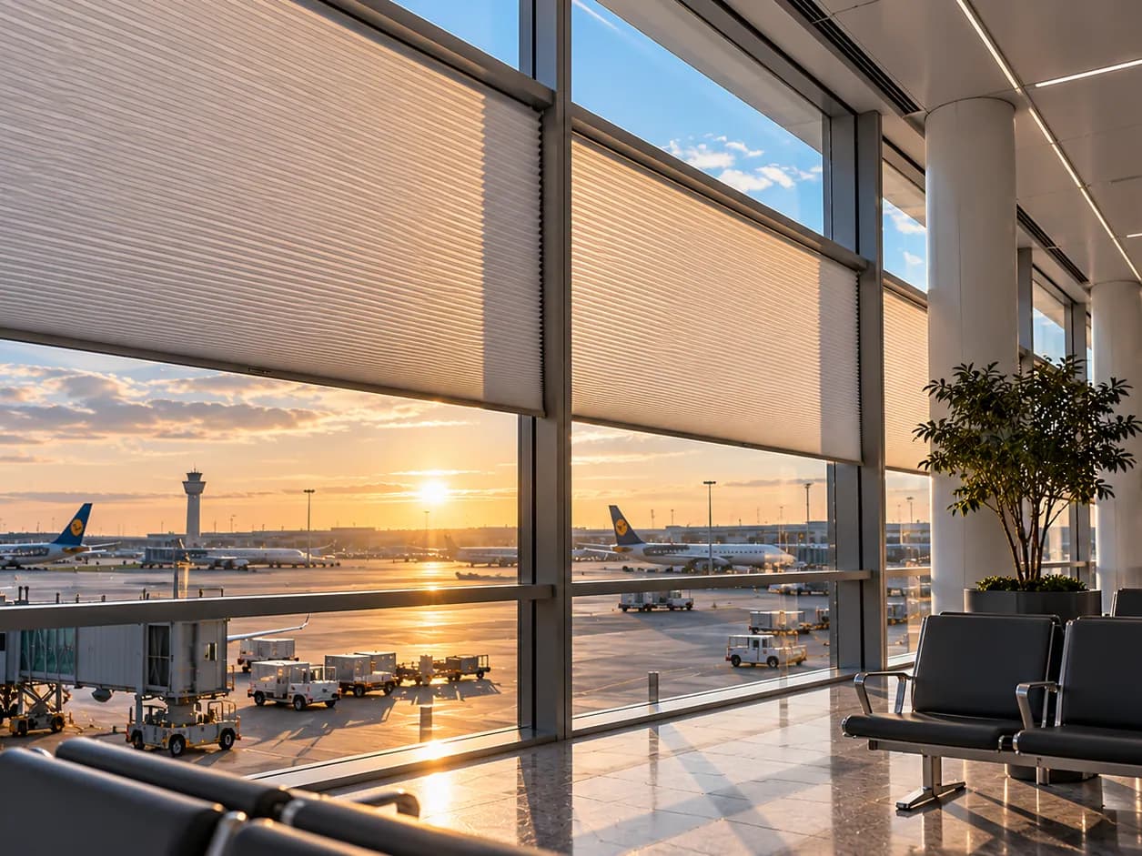 Flughafenlounge mit Sonnenschutz im Morgenlicht