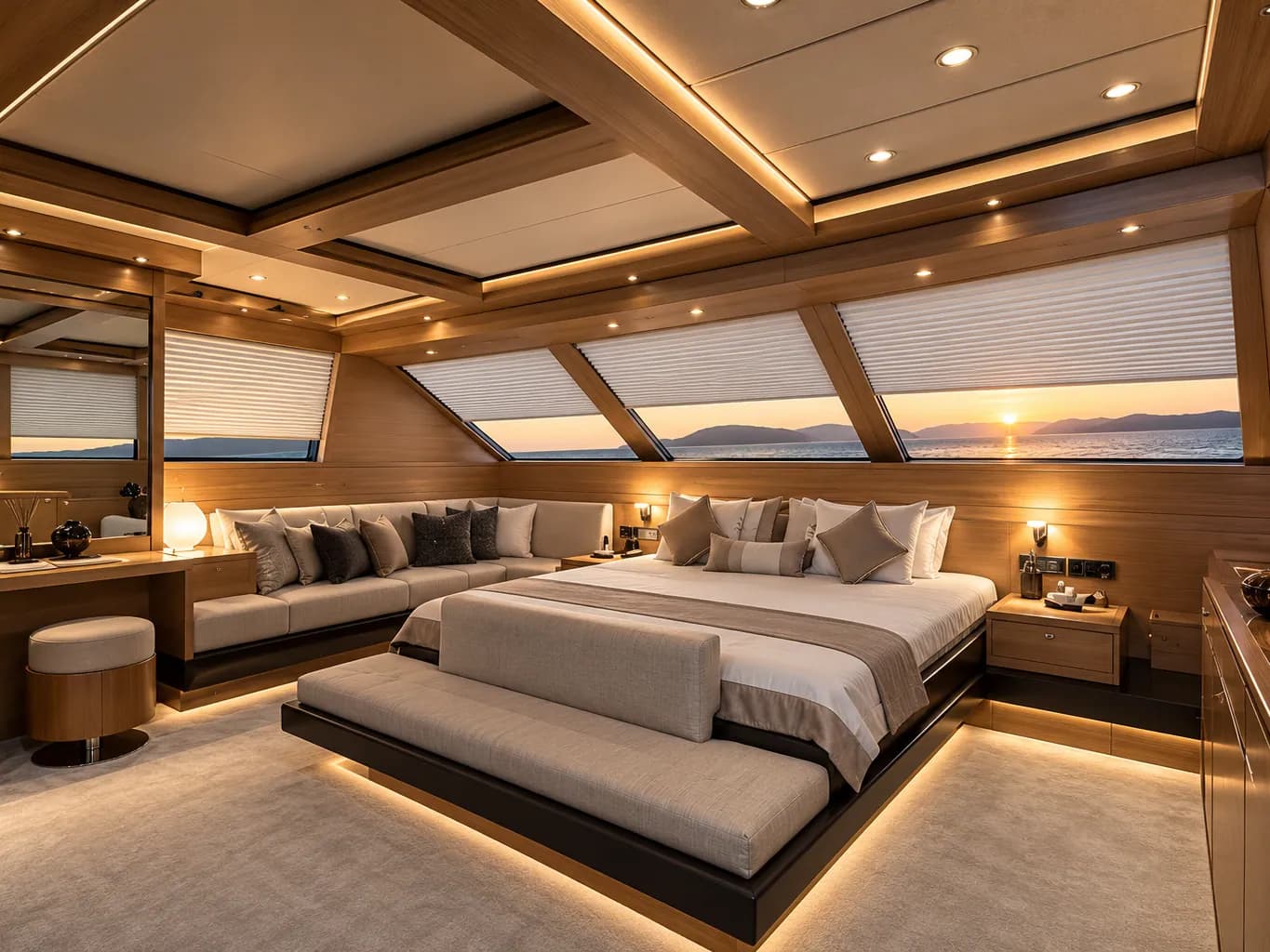 Yachtkabine mit Bett, Sitzbank und Plissees