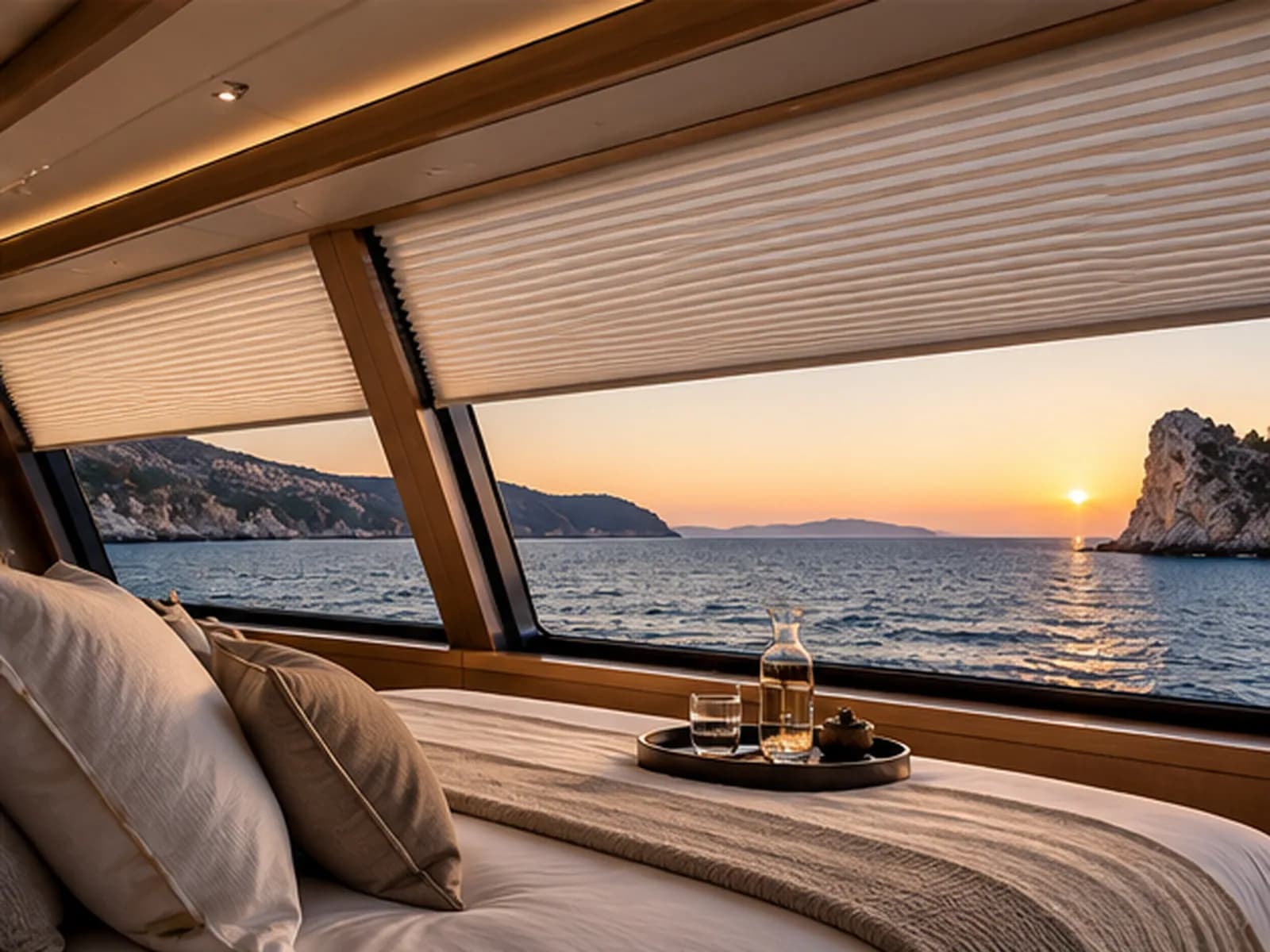 Yachtkabine mit Plissees und Meerblick bei Sonnenuntergang