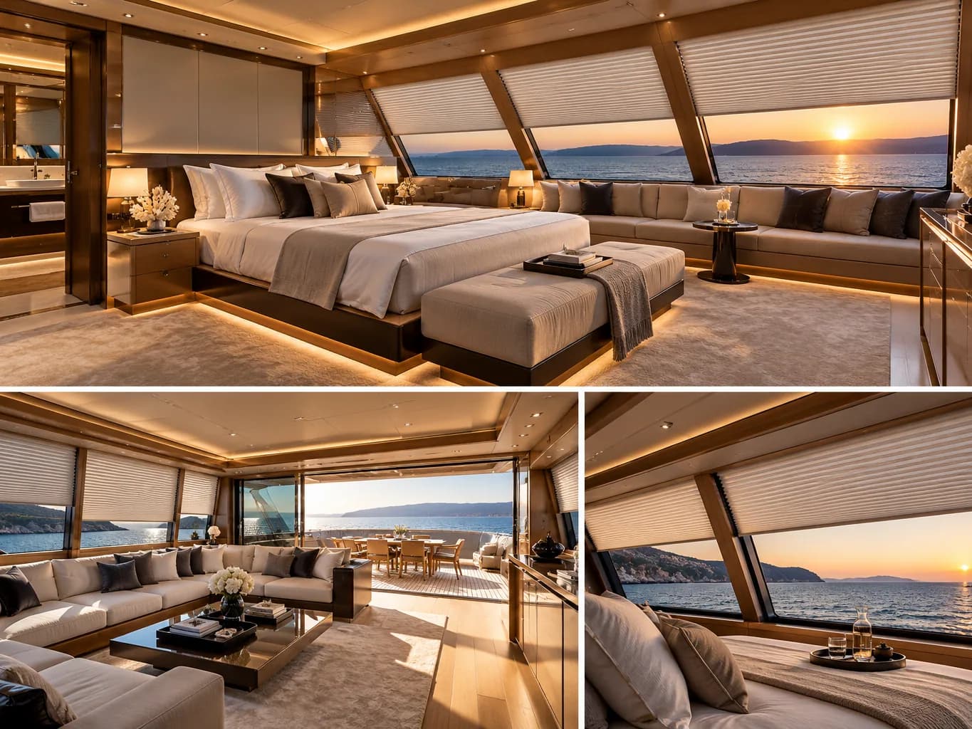 Yachtinterieur mit Plissees bei Sonnenuntergang